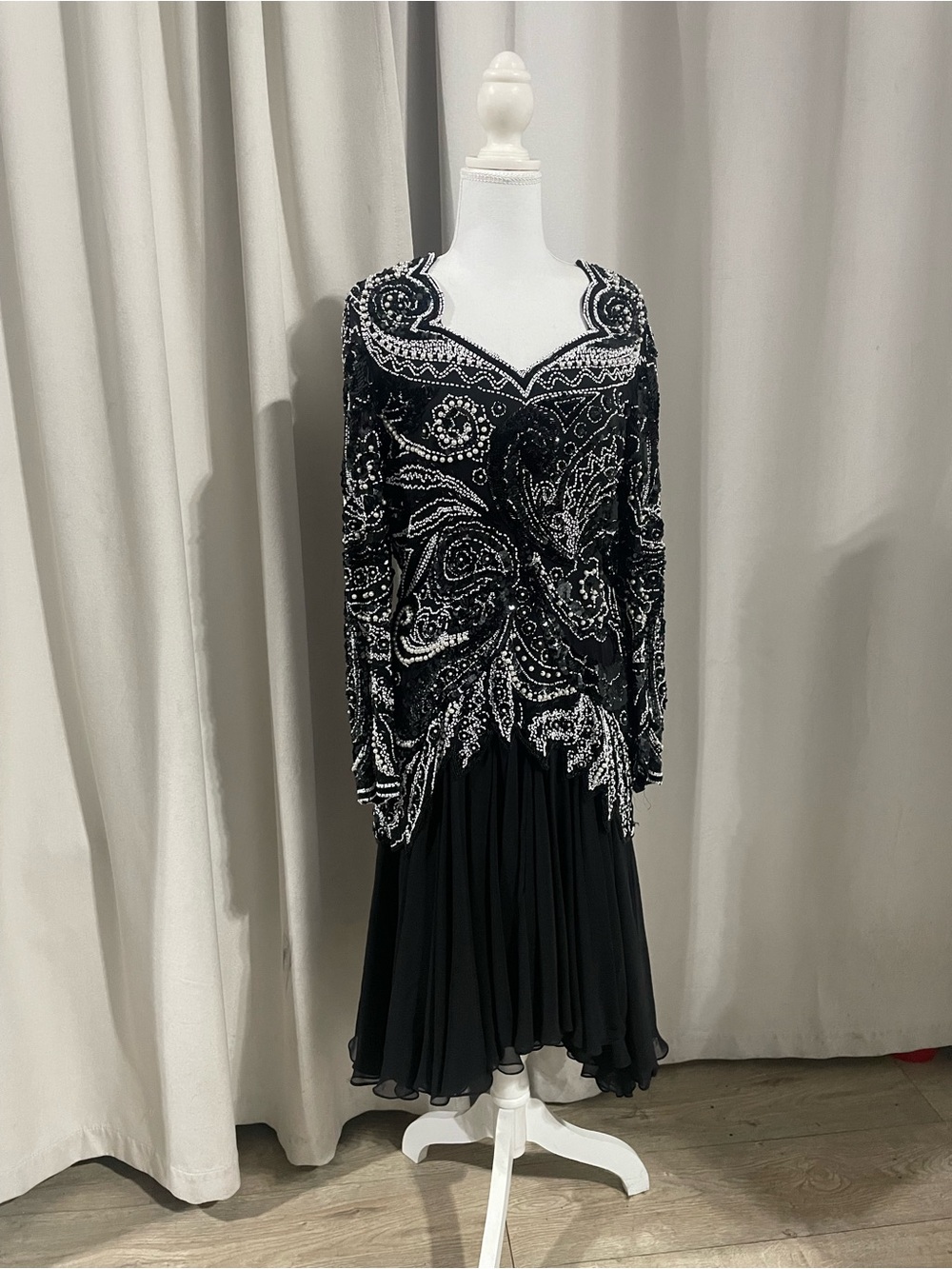 Oleg Cassini Black Long-Sleeve Beaded Evening Dress
